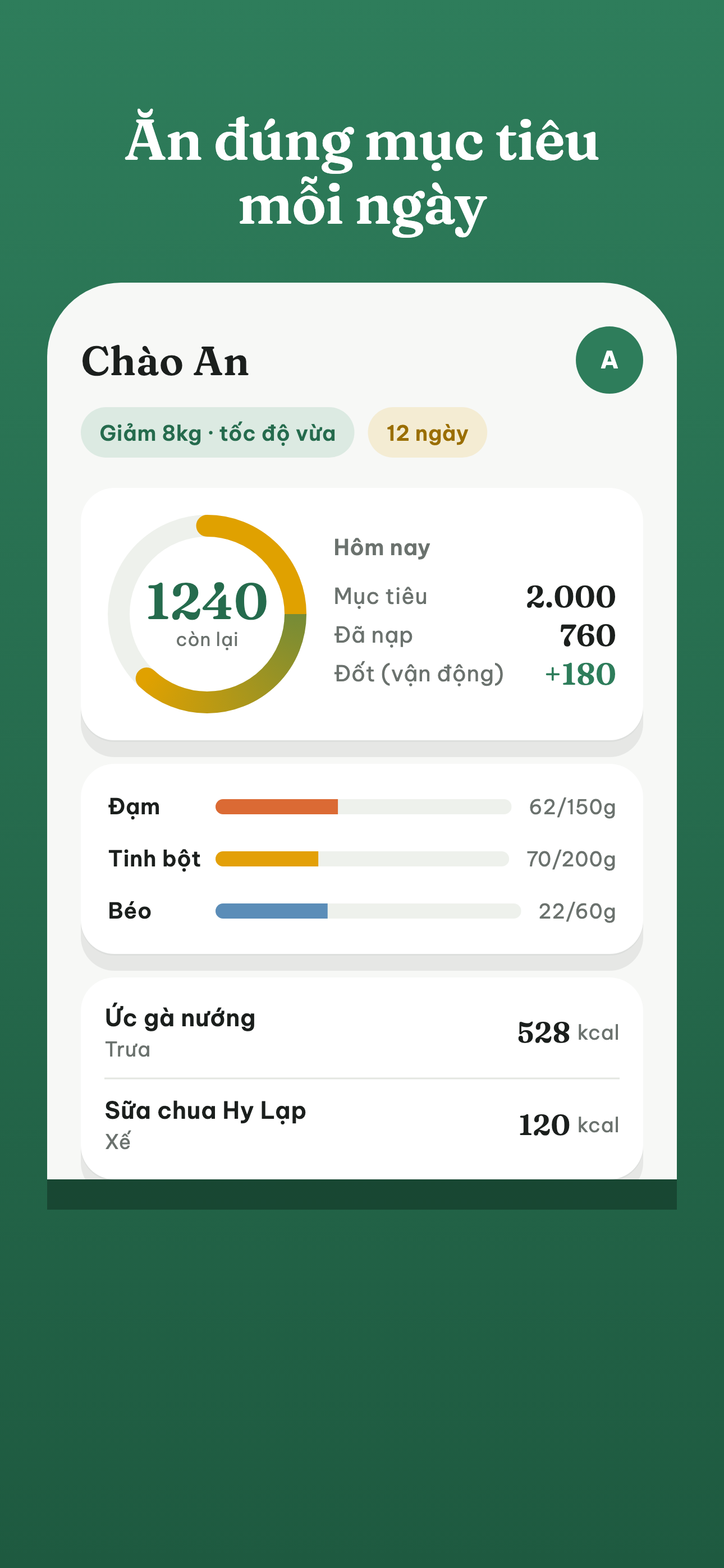 Màn hình chính Cookwise: vòng calo còn lại, macro và nhật ký bữa ăn